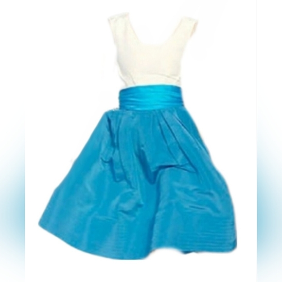 *$4,800 OSCAR DE LA RENTA GORGEOUS SILK IVORY TEAL BLUE RUNWAY DRESS GOWN US S - Picture 3 of 10